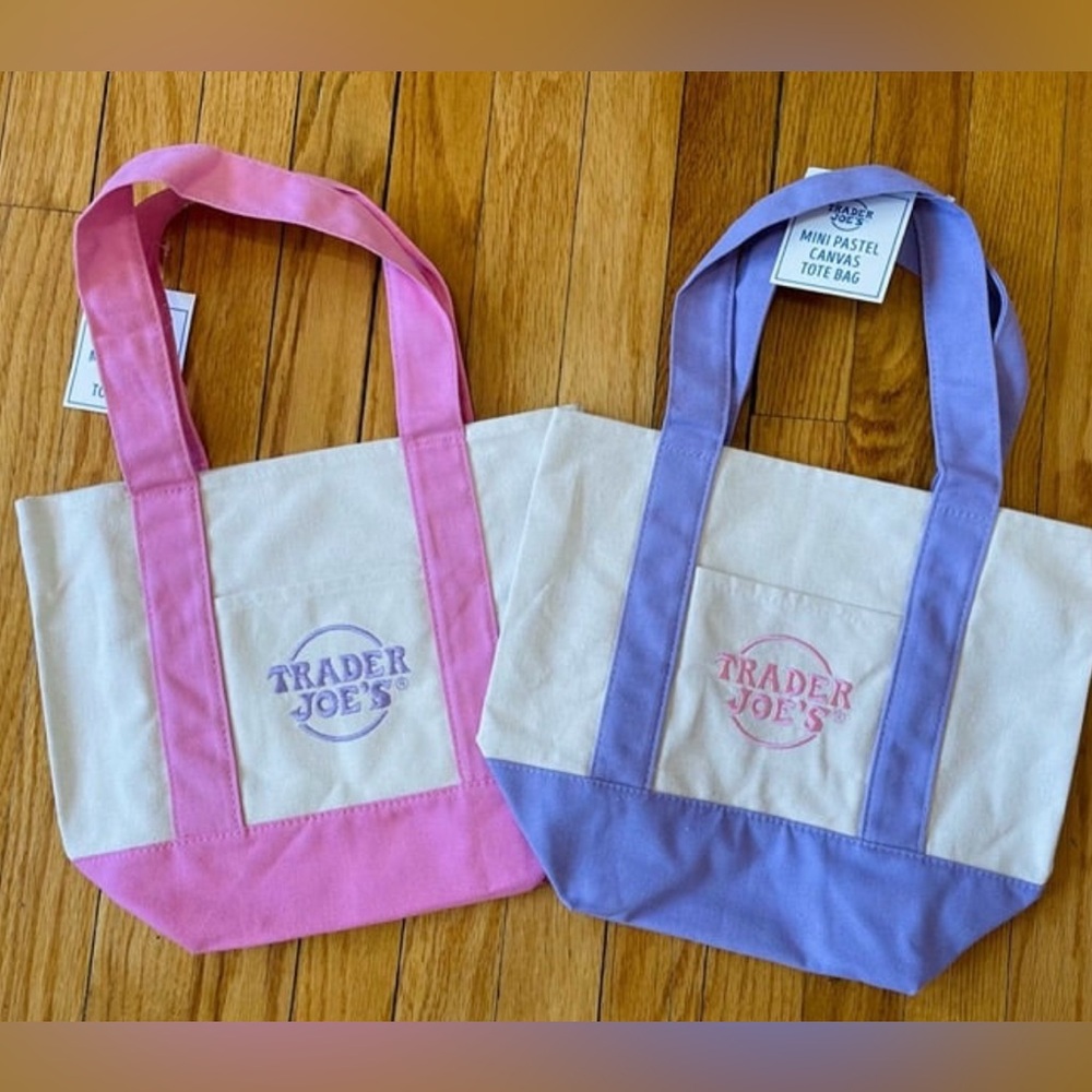 Trader Joe’s mini canvas tote bags pastel pink and lavender set